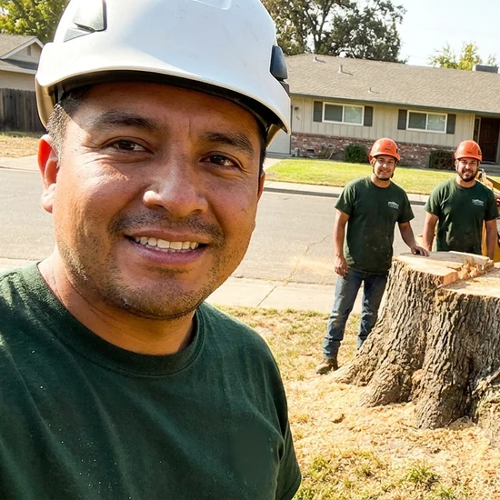 Smiling HLI Tree Experts crew selfie after removing a large oak in Irvine