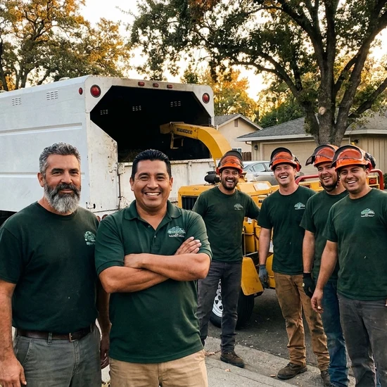 Tree service owner and crew with chip truck on a Irvine street